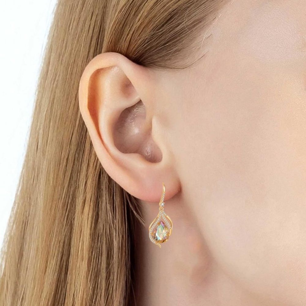 14K Yellow Gold Champagne Topaz AB Austrian Crystal Twisted Teardrop Earrings - Picture 4 of 5